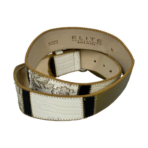 Vintage Elite Leather Patchwork Belt Medium Stone Embellished Buckle Neutral - Picture 3 of 6
